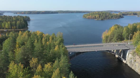 A Drone Shot of the Lake Saimaa with the Long Bridge Across