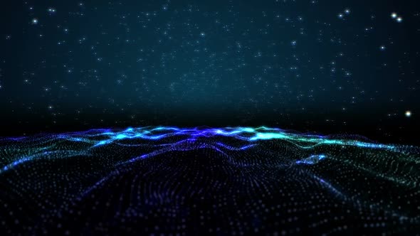 Visualization of a wave of blue and purple lights. alt