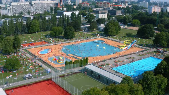 Aerial View Open Air Swimming Pool in City of Warsaw Poland alt