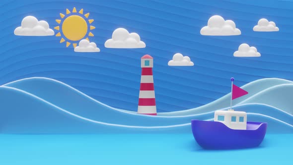 Sea cartoon landscape with a ship