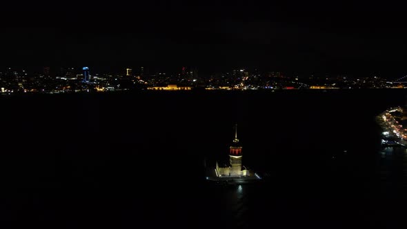 Aerial view of Maiden's Tower in istanbul at night