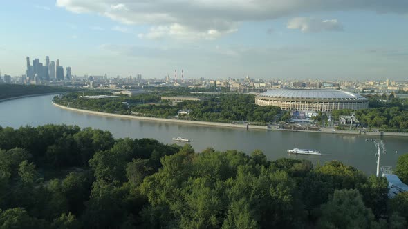 Aerial View of Moscow River Cityscape and Stadium