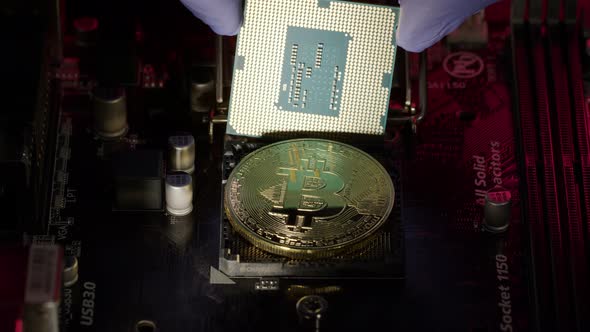 Bitcoin BTC and CPU Central Processor on Digital Technology Pc Motherboard Mining Cryptocurrency alt