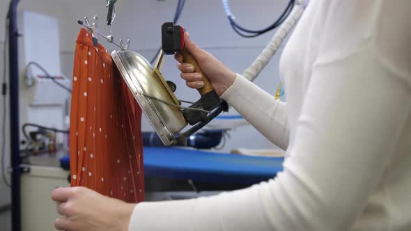 Female Hands Ironing Skirt in Dry-cleaning Salon alt