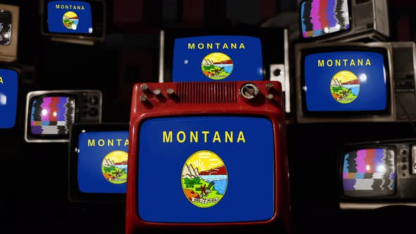 Flag of Montana on Retro TVs. 4K.