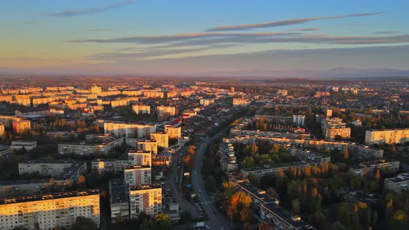 Colorful Dramatic Sunrise with Pnorama View of the Roof City Uzhgorod Transcarpathia Ukraine alt