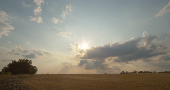 Beautiful Sunset Over a Mown Wheat Field