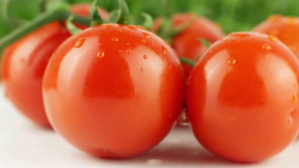 Ripe natural tomatoes close-up. Organic tomato rotating on a green background Macro shot. alt