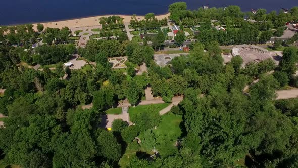 Park and River Beach in Beautiful City Aerial View at Sunny Summer Weather