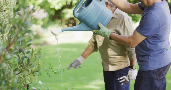 Video of happy biracial senior couple watering plants in garden alt