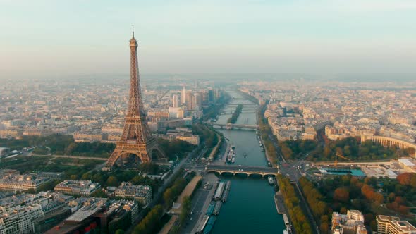 Aerial View of Paris Cityscape with Eiffel Tower As Main Landmark in France