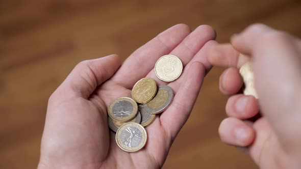 Coins in Hand. Hands Counting a Few Euro Coins. A Hand of Coins in the Palm. Economic Crisis. Coins alt