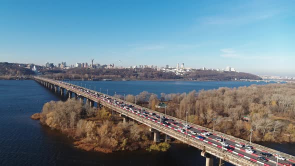 Large Bridge Over River with Cars Traffic Aerial View
