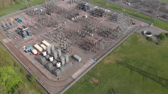 Electricity Substation Close Up Industrial Aerial Drone View Midlands Spring 4K