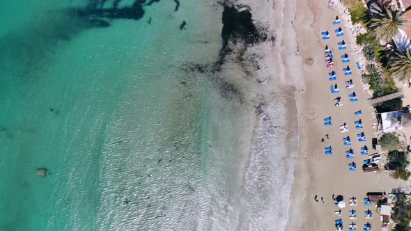 Top View of Sandy Beach on Shores of Crystal Clear Sea with Sun Loungers and Guests alt