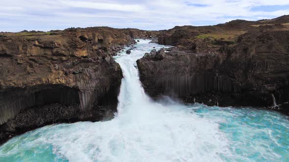 Drone Aerial View of The Aldeyjarfoss Waterfall in North Iceland alt