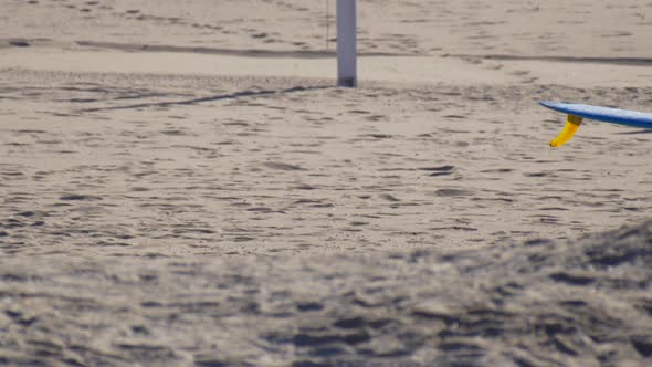 A young woman in a bikini walking with her longboard surfboard. alt