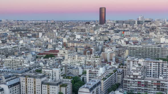Aerial Panorama Above Houses Rooftops in a Paris Day To Night Timelapse alt