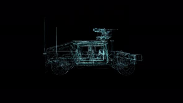 3D Seamless Loop Military armored vehicle Hologram Wireframe