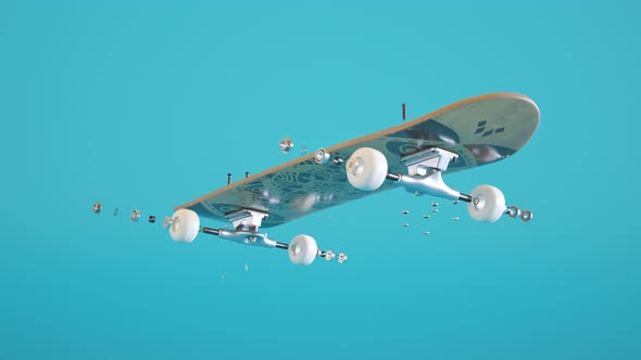 Skateboard assembly process. Elements of the board combining in order. Render 4k alt