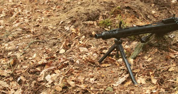 German Military Ammunition  Machine Gun of World War II on Ground in Trench alt