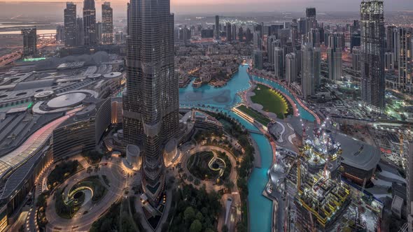 Amazing Aerial View of Dubai Downtown Skyscrapers Night to Day Timelapse Dubai United Arab Emirates alt