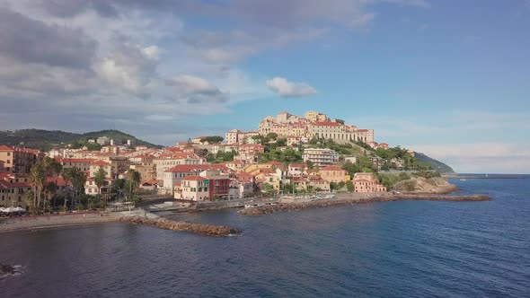Imperia Porto Maurizio, Borgo Prino historical town aerial view. Liguria, Mediterranean sea, Italy. alt