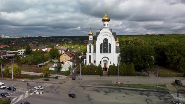 Kharkiv city cathedral aerial. Fly up in europe