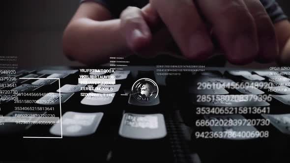 Man Working on Laptop Computer Keyboard with Graphic User Interface GUI Hologram alt
