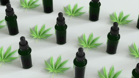 Seamless Loop of A lot of CBD oil bottles with marijuana or cannabis oil leafs in between. White bra
