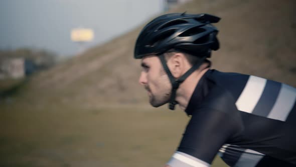 Sport Recreation Bike Cycling On Summer Time. Cyclist In Helmet Riding On Sunset. Triathlon Time. alt