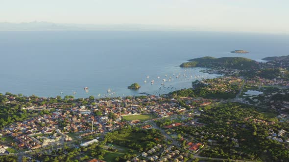 Arial shot of Buzios coast Brazil in the early morning alt