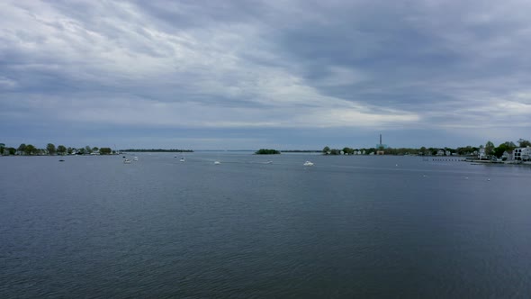 Aerial Shot of Quiet Harbor with Boats Coming in Before a Storm (Norwalk, Connecticut)