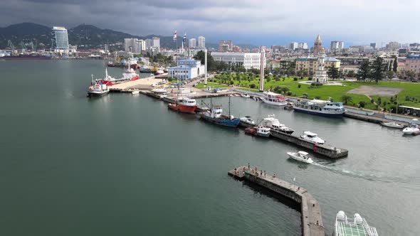 Aerial view of International Marine Station pier in Batumi city. Georgia alt