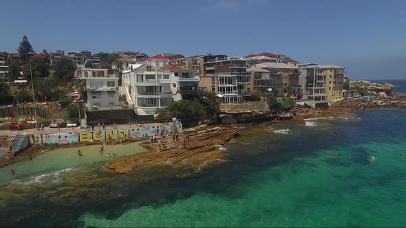 Panning shot of North Bondi on sunny clear summer day from the headland to the beach . The water is alt