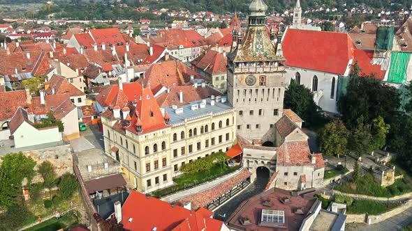 Aerial drone view of the Historic Centre of Sighisoara, Romania. Old buildings alt
