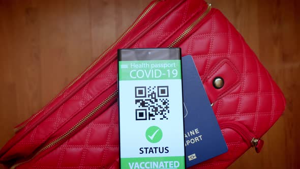 Vaccination Passport on a Mobile Phone Allowing Travel in Suitcase alt