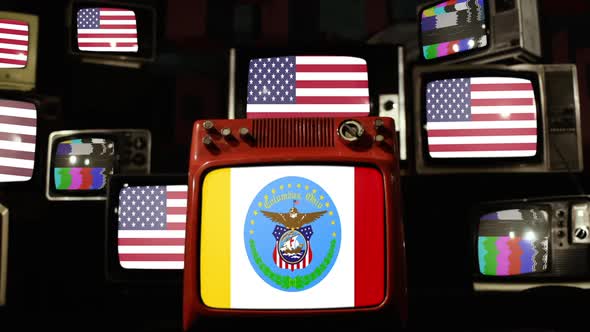 Flag of Columbus, Ohio, and US Flags on Retro TVs. alt