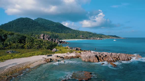 Aerial View of Amazing Coastline of La Digue Island Seychelles alt
