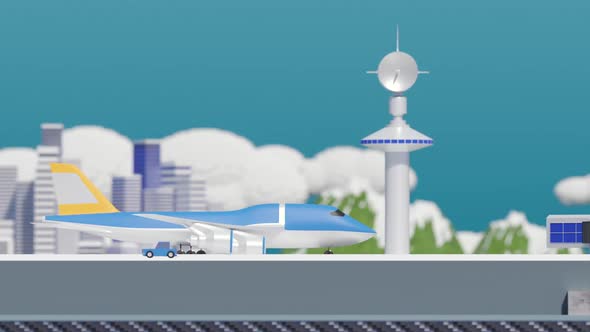 3d Render Mini Cartoon Aeroport with Flying Planes and Various Moving Vehicles