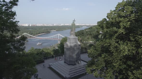 The Architecture of Kyiv. Ukraine: Monument To Volodymyr the Great. Aerial View, Slow Motion, Flat alt