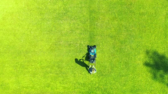 Girl cuts the lawn. Mowing lawns. Aerial view beautiful woman lawn mower on green grass. 