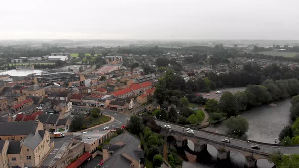 Aerial footage of the town centre of Wetherby in West Yorkshire in the UK alt