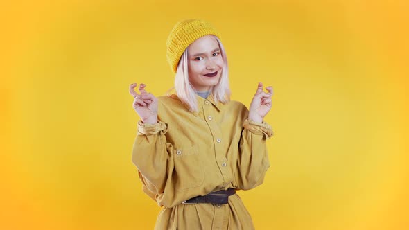 Pretty Girl Showing with Hands Two Fingers Quotes Gesture, Bend Fingers Isolated alt