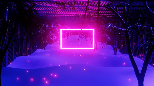 Neon forest with pink frame and colorfull bokeh.