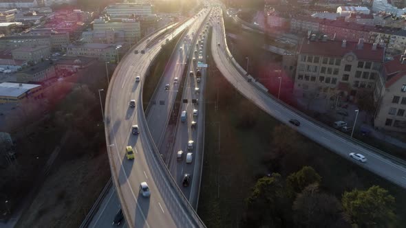 Aerial View of Elevated Highway Traffic at Sunset