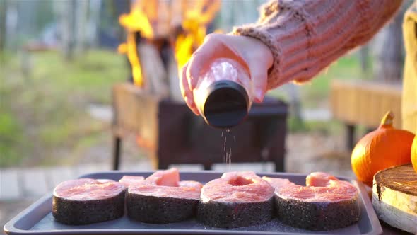 BBQ Fish Steaks. Pieces of Salmon Are Fried Over an Open Fire.