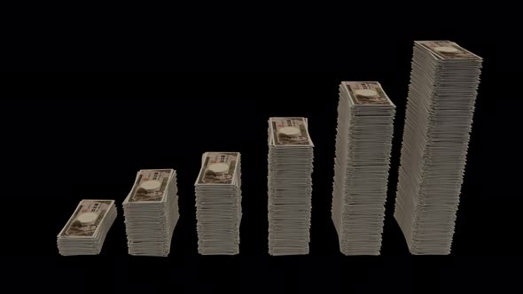 10 K Japanese Yen Banknotes Stacks Rise Wave And Drop
