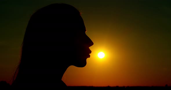 Macro Contrast Profile of Female Face Kissing Sun on Saturated Sunset Background Copy Text Space