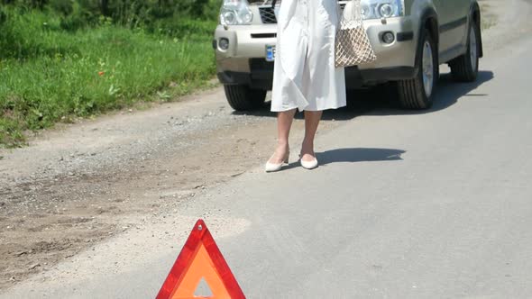 Business woman waits for assistance near her car broken down on the road side alt